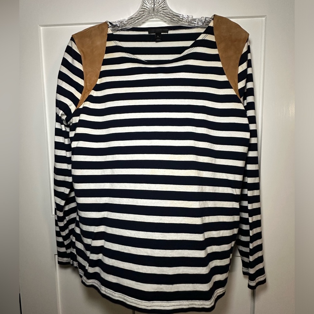 J.Crew Womens XL Navy Blue Striped Long Sleeve Tee Suede Shoulder‎ Patches Top